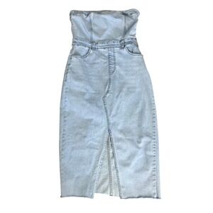 Love Tree Denim Strapless‎ High Waist Light Wash Midi Dress Front Slit Women M